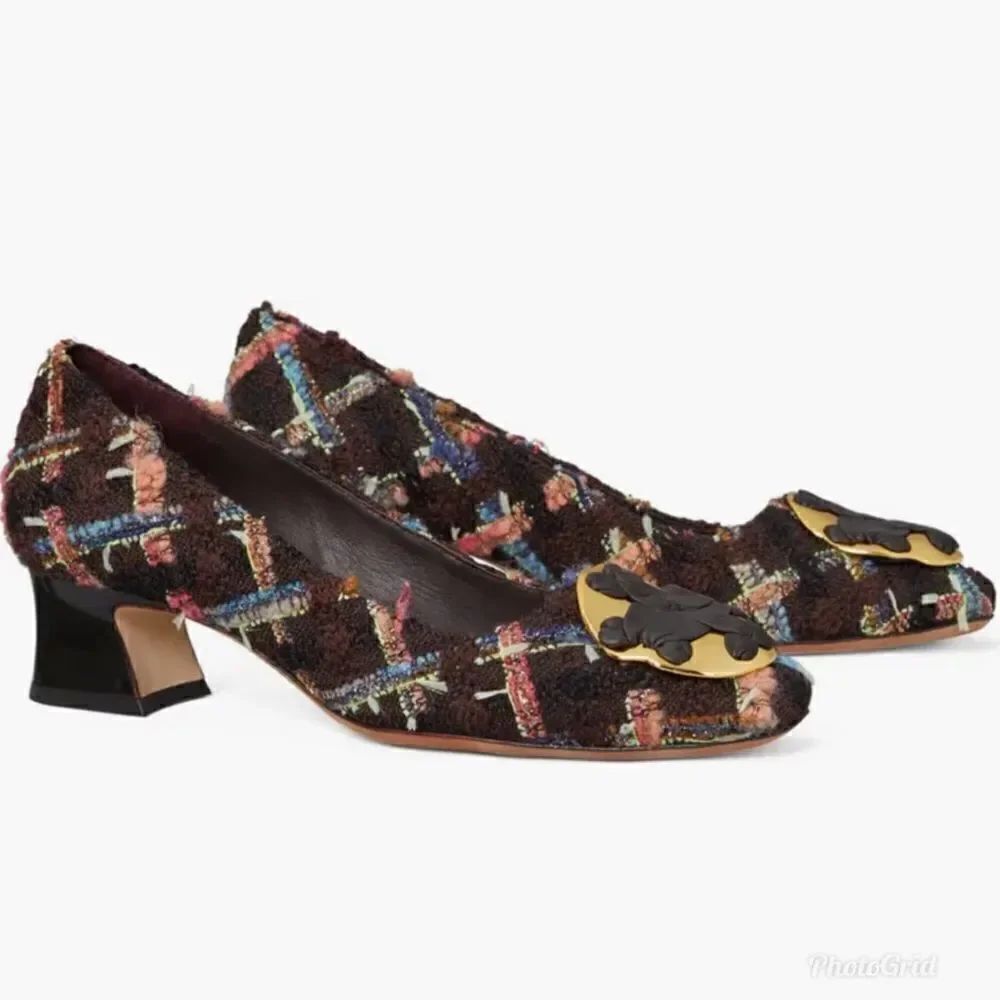 Revolve Tory Burch Wool Blend Mixed Media Tweed Boucle Plaid Pump In Brown/coco
